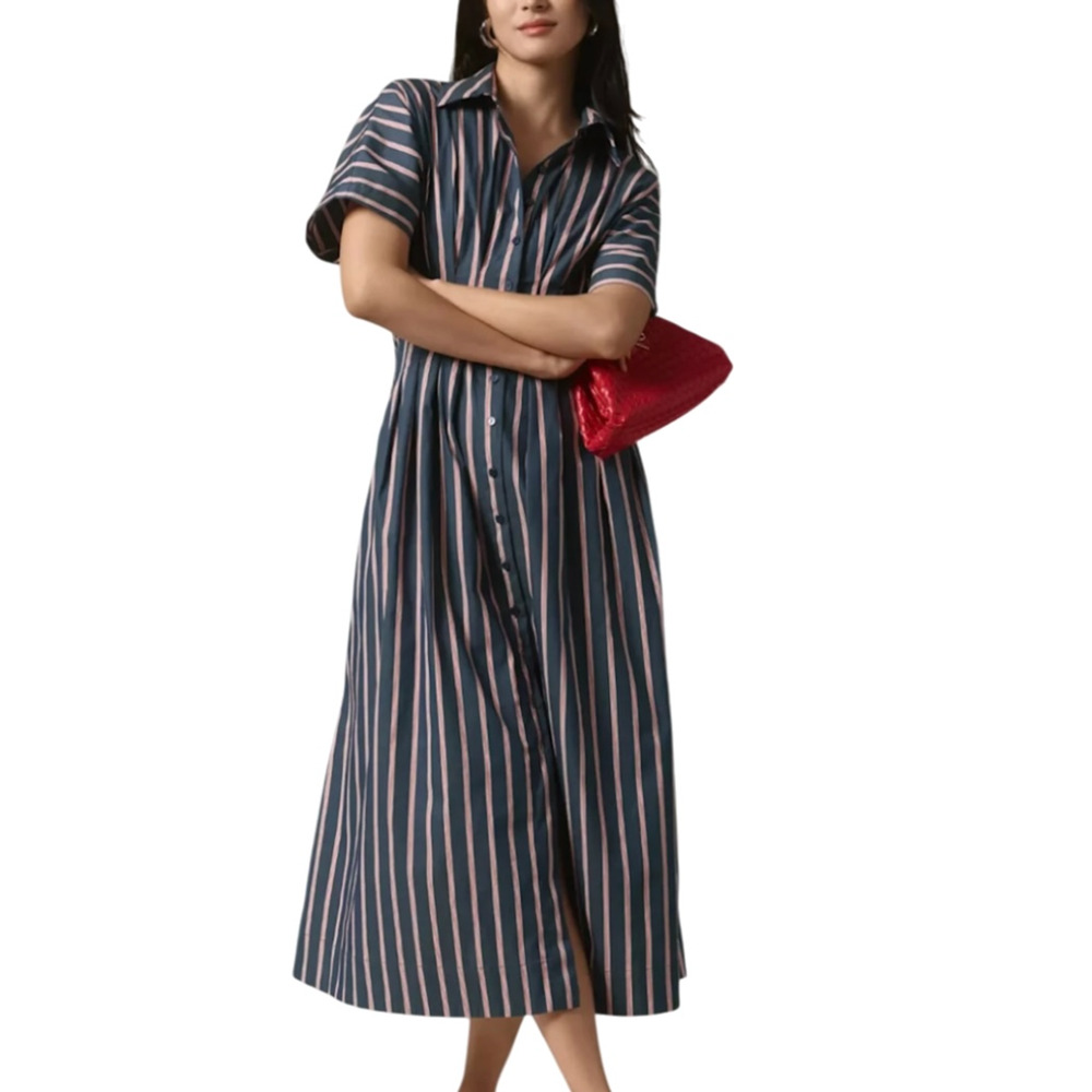 Exquise Tobie Marin Navy Button-Front Pleated Long Shirt Dress Size Medium